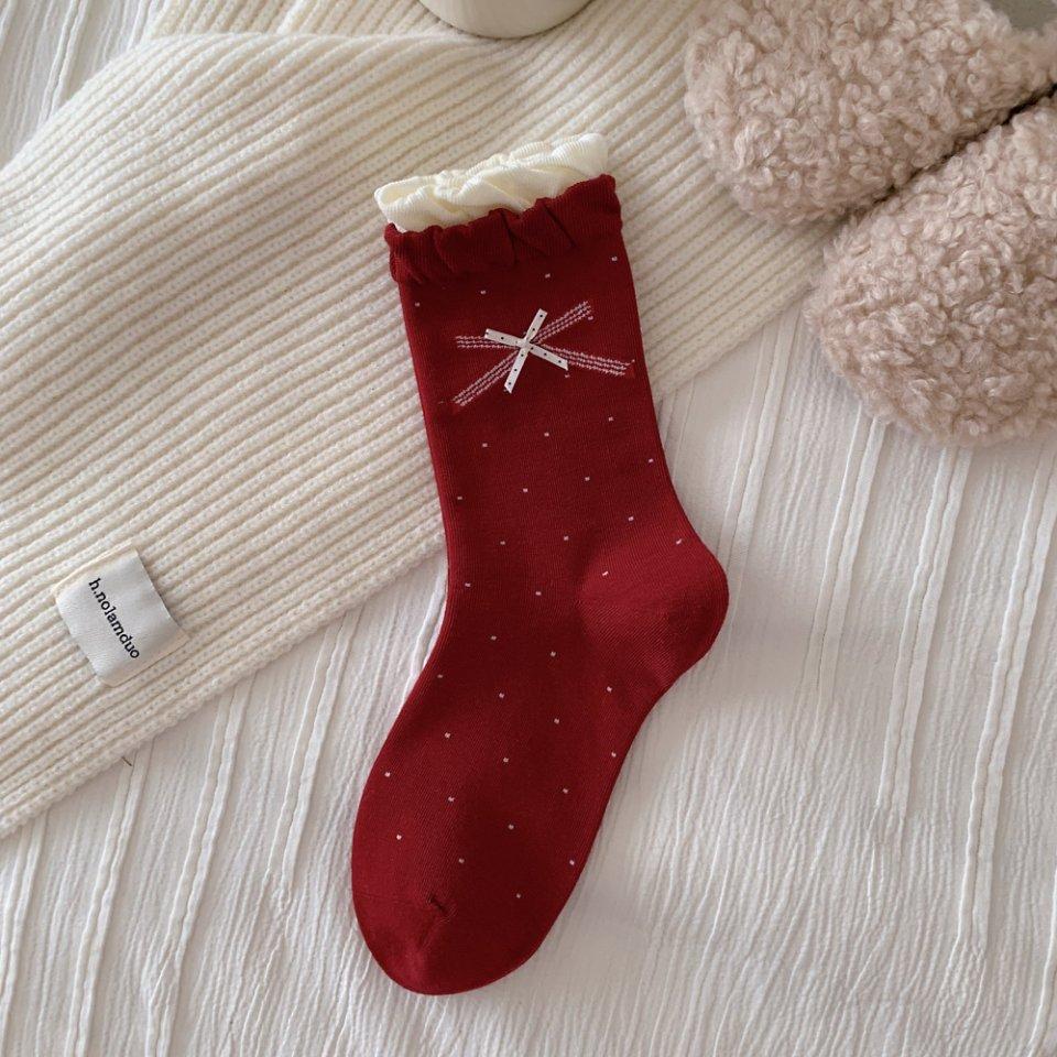 Female Autumn and Winter Bowknot Polka Dot Striped Cloth Logo New Year's Year Red Tube Pile Socks