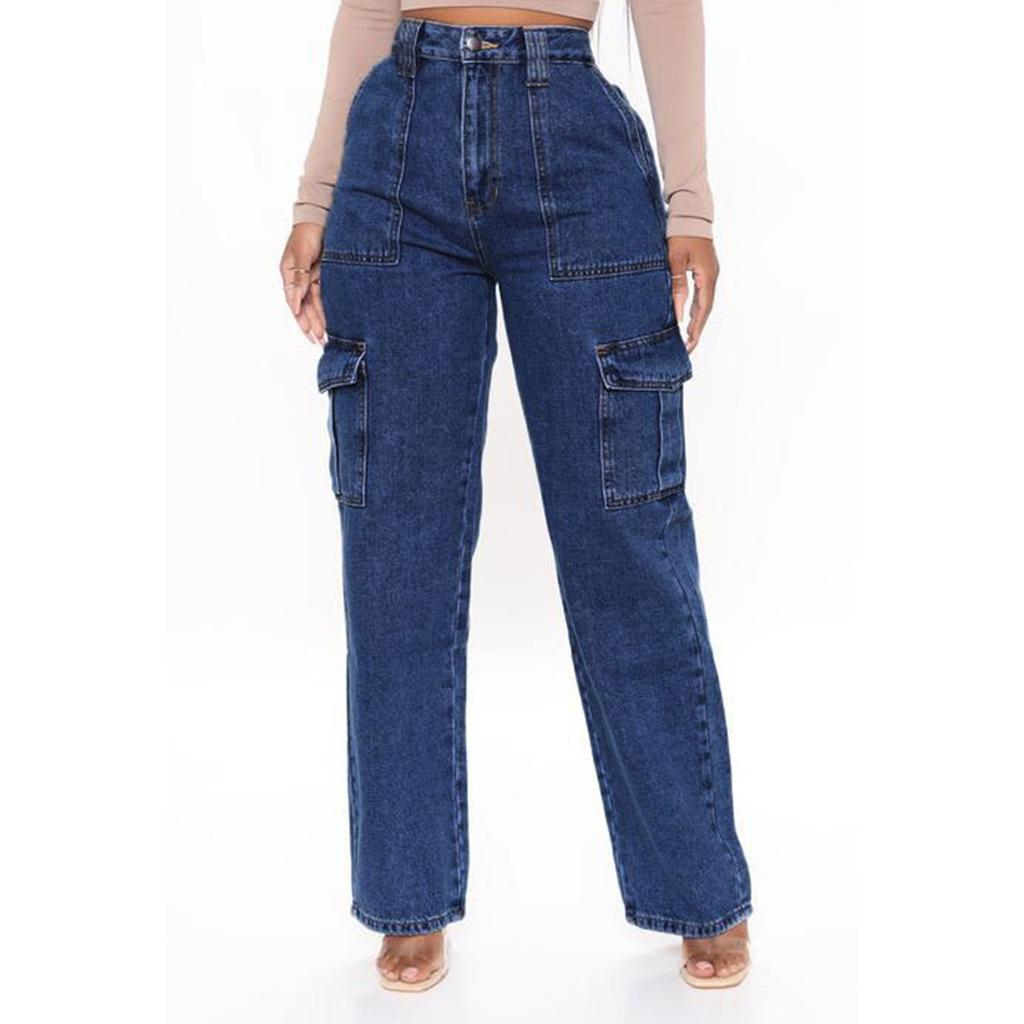 Ladies Straight Loose Wide Leg Pants Cargo Multi Pocket Jeans Casual Jeans For Women