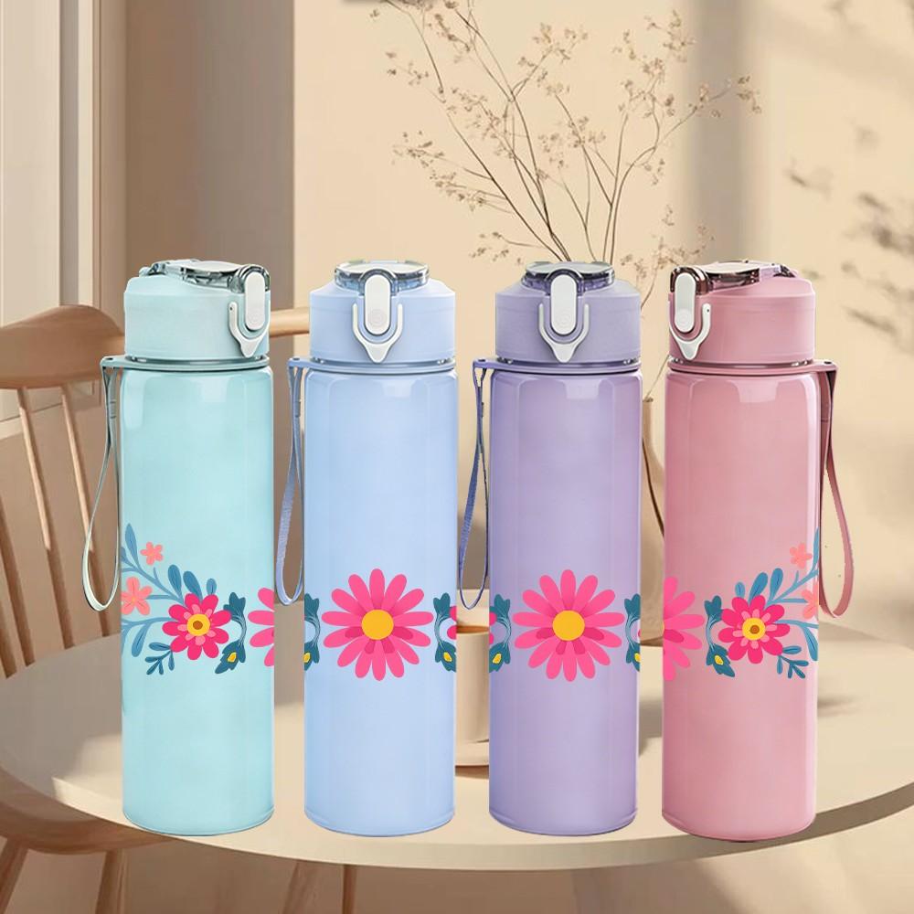 1PC Colorful Floral Garland 750ml Color Plastic Sports Water Bottle Leakproof Flip Straw Lid Suitable for Sports Office Home Use
