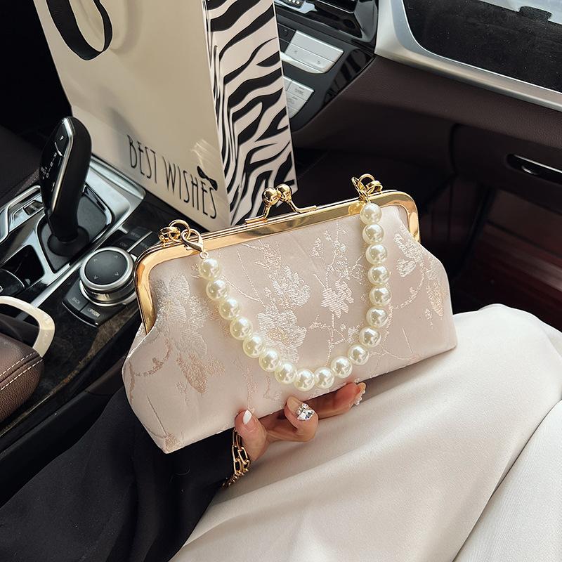 Новая женская модная универсальная шелковая легкая сумка через плечо с цепочным ремешком в китайском стиле с жемчужными бусинами