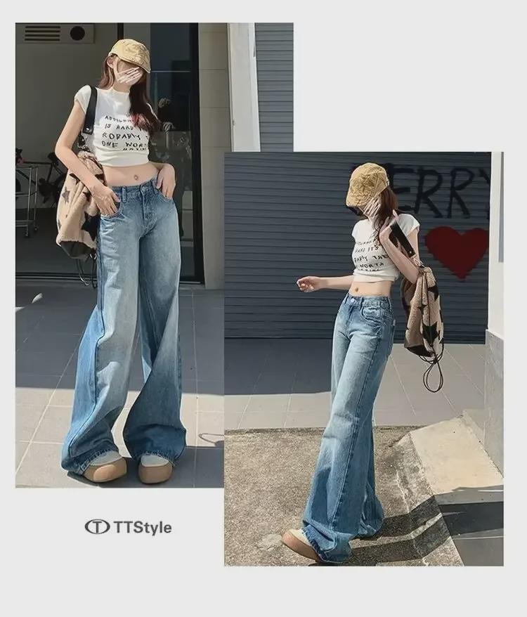 Джинсы широкого покроя с синей отделкой из камня для женщин — в стиле ретро-американской моды, с заниженной талией, свободного кроя, драпированные, с потрескавшимися краями, длиной до пола, на весну