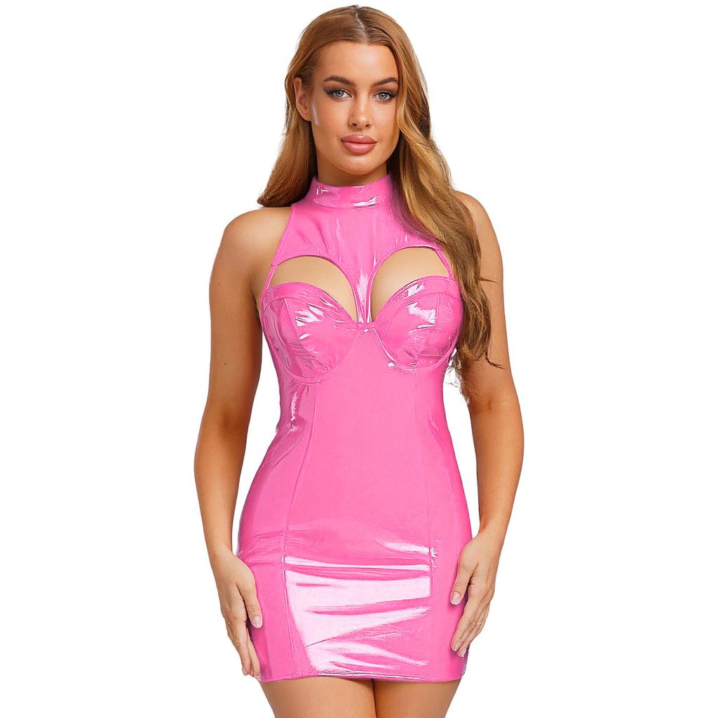 Женское облегающее платье из ПУ с мокрым блеском, мини-стиль, с воротником-стойкой, без рукавов, с вырезами, платье-труба для клуба