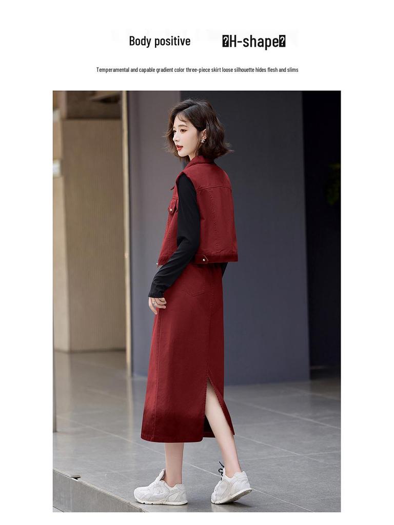 Градиентный джинсовый комплект-тройка миди-юбка - 2025 Стильная и молодящая мода (Модель LU8933)