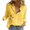 Women Fashion Cotton Linen Shirt Floral Print Long Sleeve Top Ladies Casual Stand-neck Buttoned Blouse