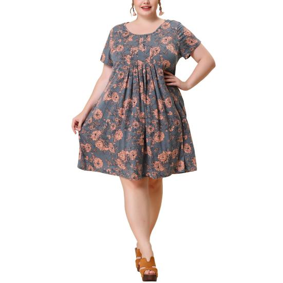 Женское платье с круглым вырезом, короткими рукавами, плиссированной деталью, короткое, с цветочным принтом, летящим подолом, свободного кроя, большого размера