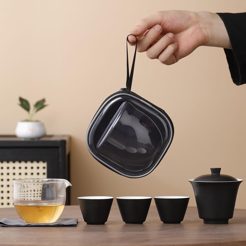 Chinese gradual change coarse pottery hover cover bowl tea set portable travel tea set one pot three cups express cup set