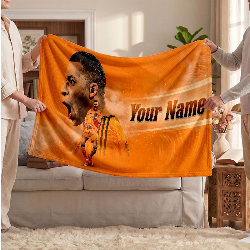 Kylian Mbappe Personalized Fleece Blanket With Football Logo, Custom Name Text Soft Warm Home Throw Blanket