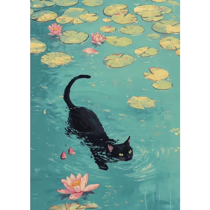 Retro Cute Black Cat And Lotus Landscap Canvas Paintings Impression Monet Posters and Prints Wall Pictures For Living Room Decor