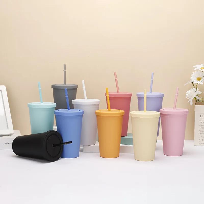 Candy Color Double-layer Plastic Straw Cup Coffee Cup Plastic Frosted Handy Water Cup Easy To Carry Straw Kettle Sports Bottle