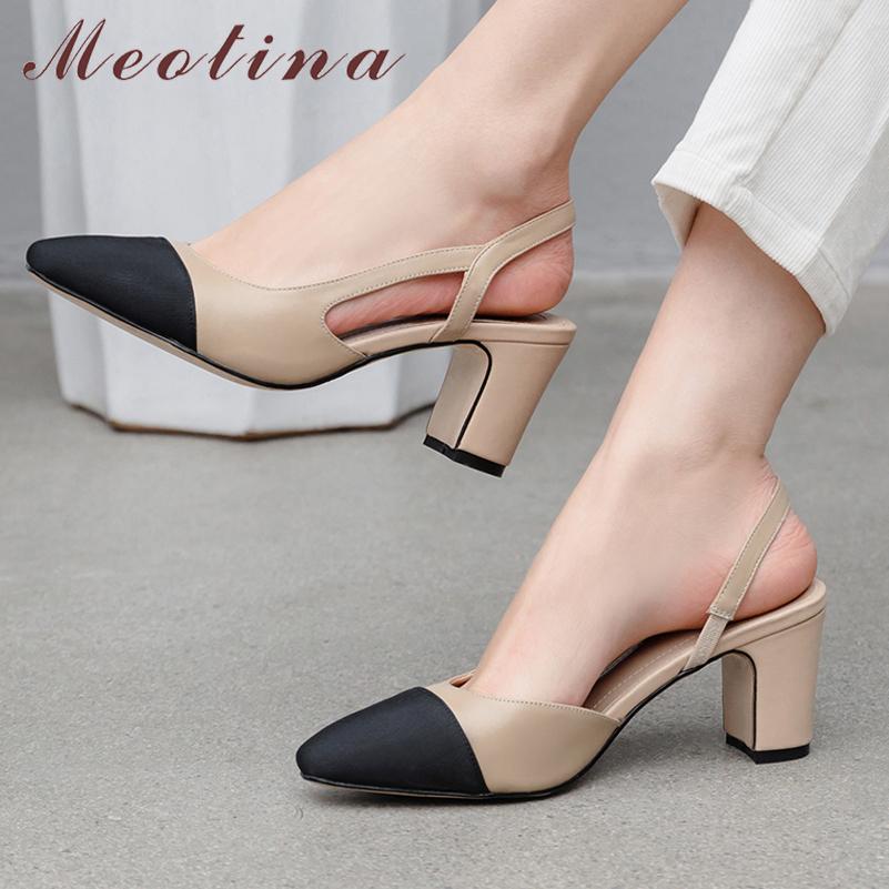 Meotina Women Slingback Shoes Genuine Leather Thick Heels Pumps Round Toe Causal High Heel Ladies Footwear 2022 Spring Apricot