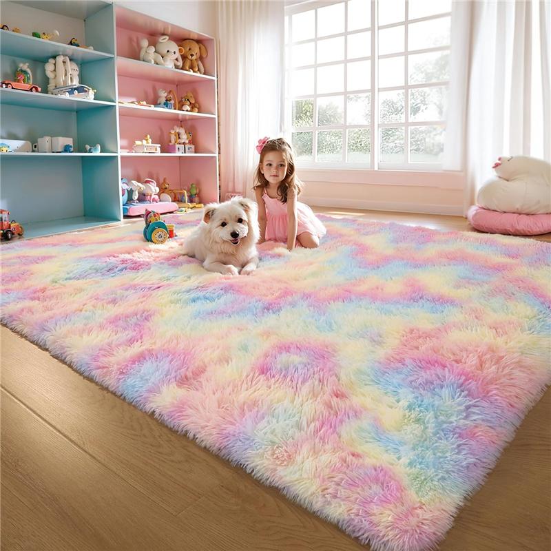 Rainbow Fluffy Shag Area Rug for Bedroom Ultra Soft Fuzzy Plush Washable Carpet Modern Cozy Non Skid Furry Shaggy Rug for Kids Baby Boys