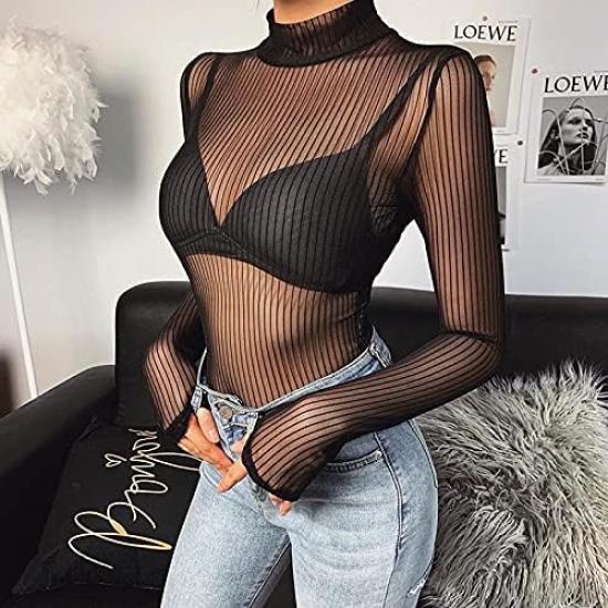 Прозрачный Длинный Стройнящий Мягкий Тюль Внутренний Тонкий Топ [Yuyi] Женский Боди, Рукав, Сексуальный, Прозрачный, Черный, Эффект, (M)