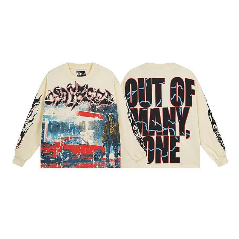 Mens Oversized Cotton Long Sleeve Tee With Skull Graphic Print Streetwear Rock Band Style Loose Fit Teens Adults