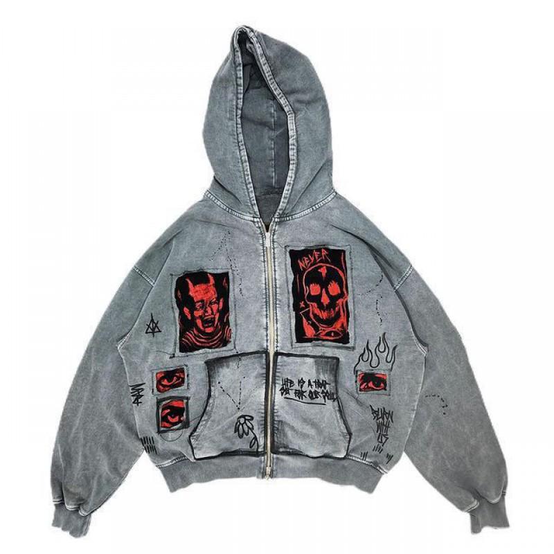 Unisex Oversized Hooded Sweatshirt With 3D Demon Graphic Print Retro Round Neck Loose Fit Streetwear Fall