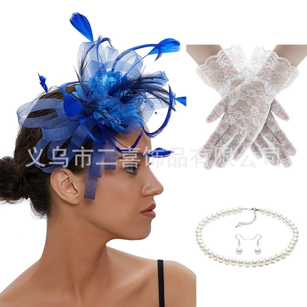 Feather mesh headgear set Party dance Festival headband Hair accessories Top hat set Head flower ear hook
