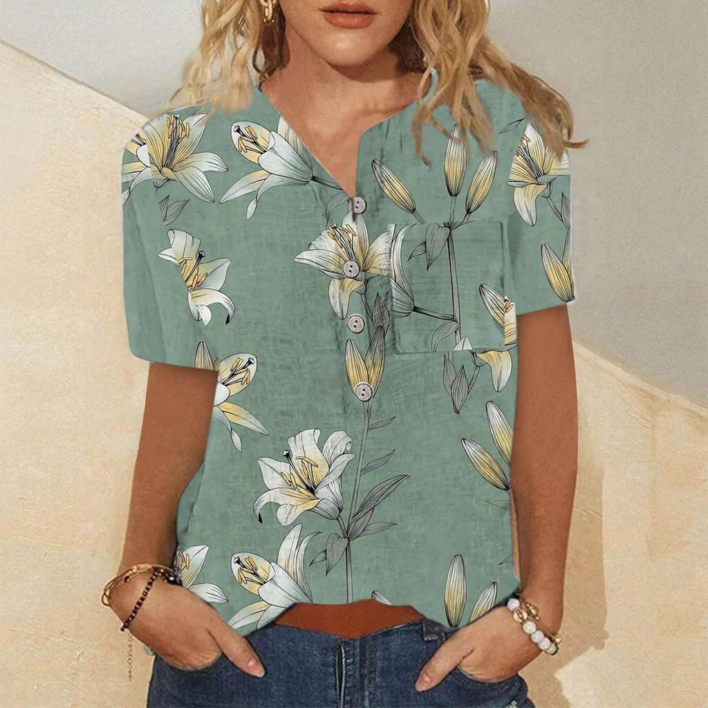 Women'S T-Shirts V Neck Short Sleeves Women'S Short Sleeve Tops Dressy Casual Summer Graphic Floral Print Fashion Shirts Tunic
