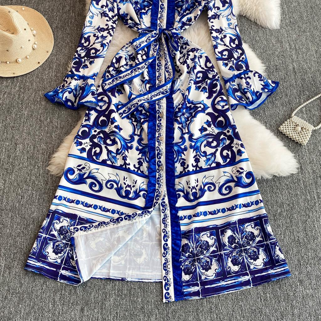 Весна-Осень, желтый, красный, синий и белый фарфоровый халат с принтом, женские вечерние платья с расклешенными рукавами и поясом на шнуровке