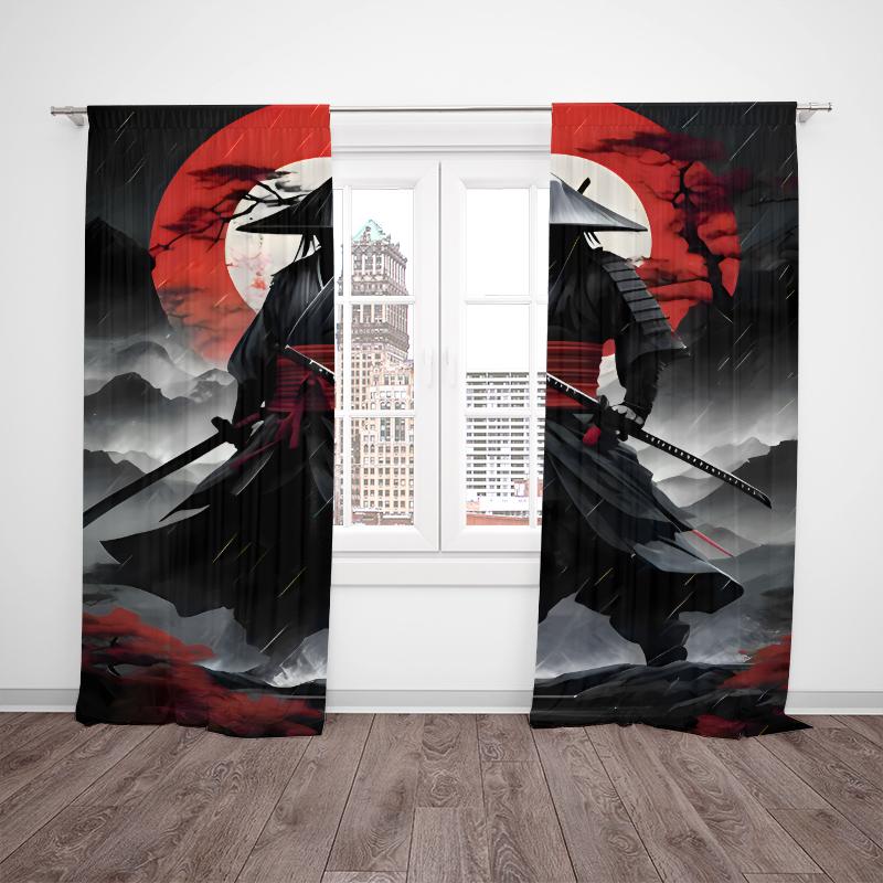 2 Curtains In Samurai Print - Polyester - Suitable for Bedroom, Living Room, Study, Private Space + Magnetic Binding