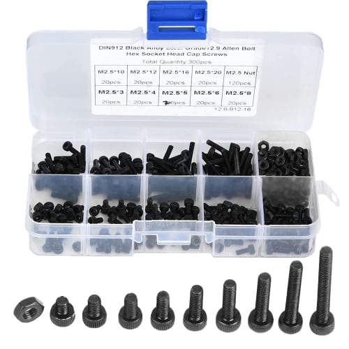 Hex Socket Head Bolt and Nut Kit, 300 Pieces M2.5 Machine Screws, Alloy Steel Round Head Screws, Flat Head Bolt and Nut Kit Repair Tool with Storage C