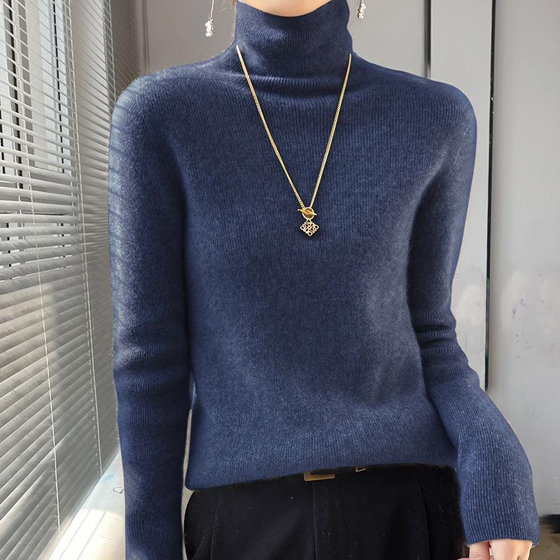 Стильный эластичный свитер с высоким воротником женский осенне-зимний с длинным рукавом вязаный трикотаж женский однотонный теплый пуловер с высоким воротом