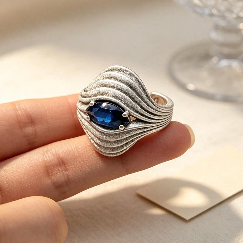 Xiaomi 925 Sterling Silver Rings For Women Geometric Fine Jewelry Finger Adjustable Retro Blue Stone Ring For Party Birthday Gift