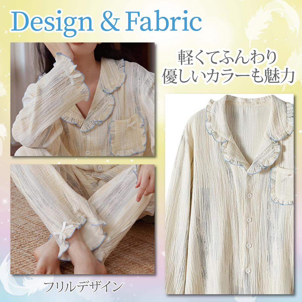 RAVIR Cotton Double Gauze Long Sleeves and Pants Random Pencil Stripe Relaxed Ivory and Size M Women's 100% Pajamas, Set, Design, Fit, Blue,