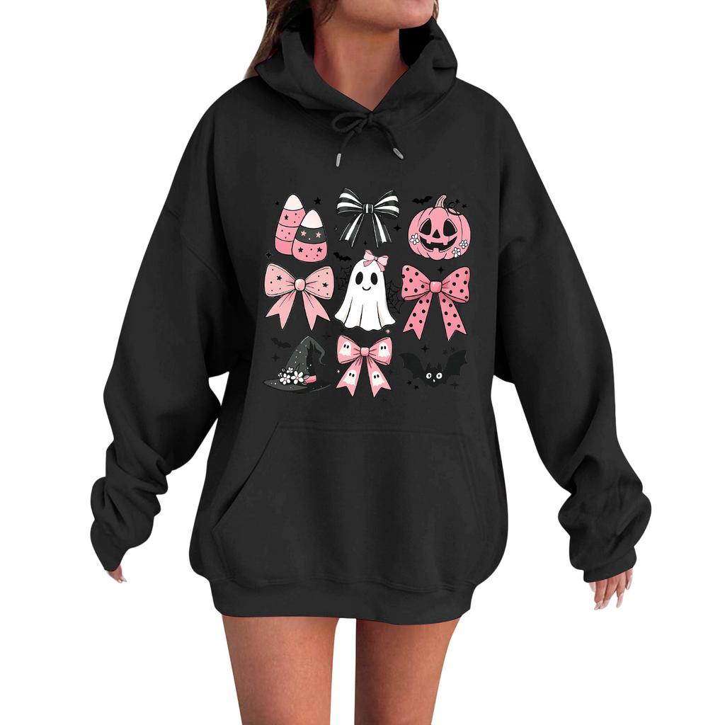 Женская повседневная модная удобная толстовка с круглым вырезом, капюшоном и длинными рукавами с принтом на Хэллоуин, теплая