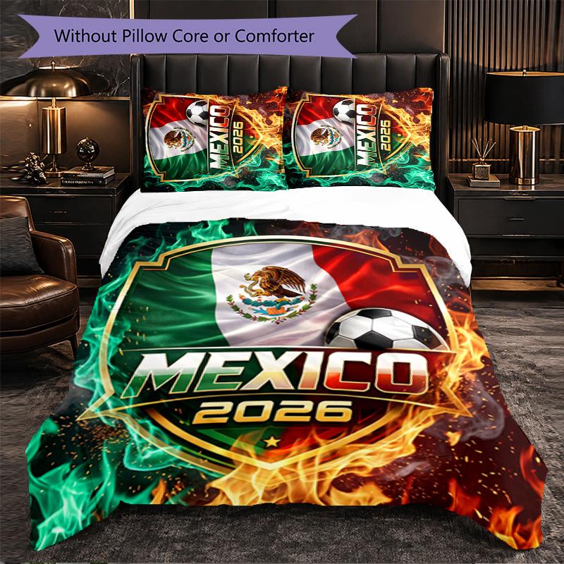 Mexico footbal Pattern 3 Pieces Bedding Set Soft Microfiber Duvet Cover with Pillow Cases for Bedroom