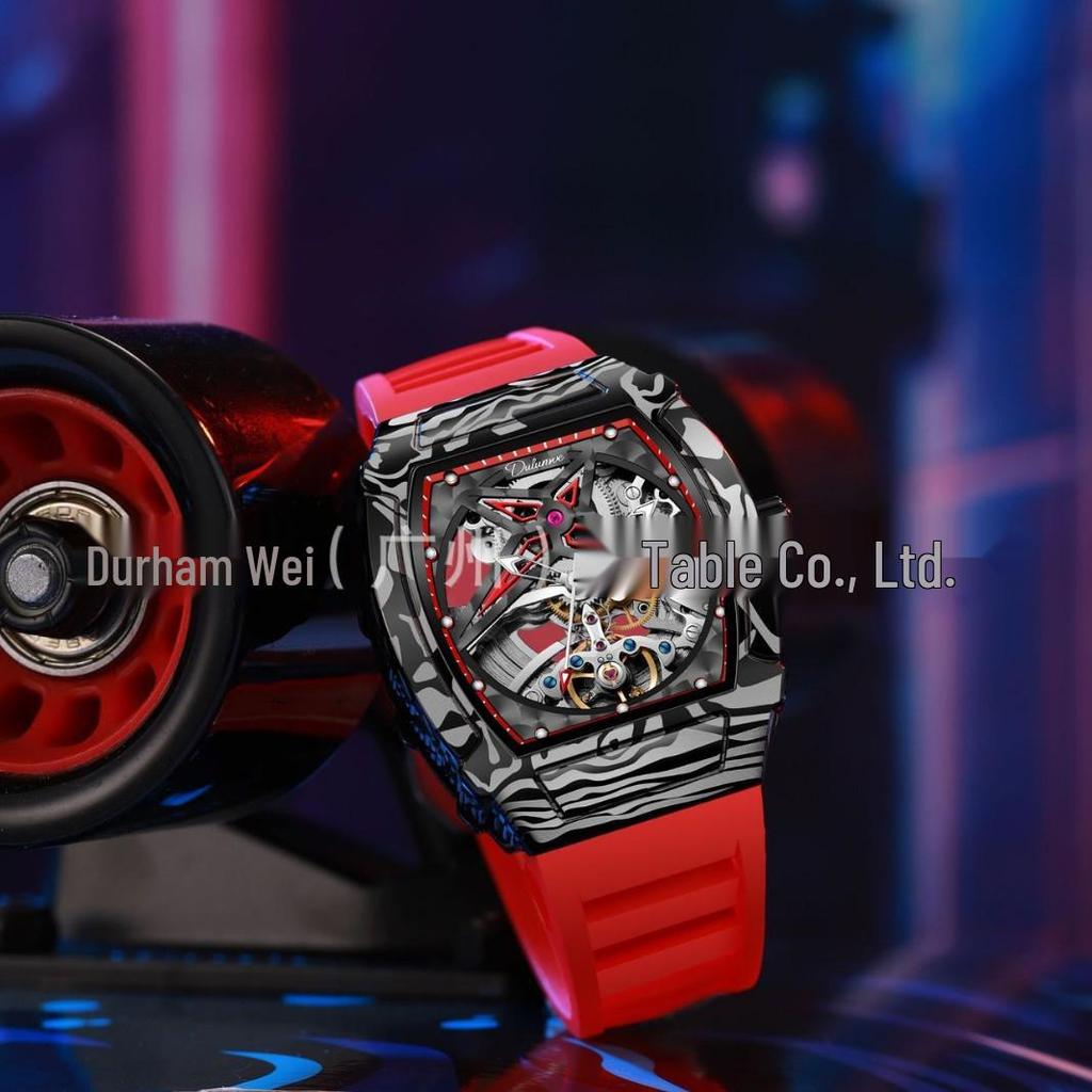 Водонепроницаемые мужские механические часы Durham Yao - Корпус из сплава бочкообразной формы с дизайном из углеродного волокна и скелетонизированным циферблатом