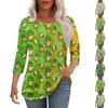 Women's Fashion Casual Pleated Round St. Patrick's Day Printed Seven Sleeve T-Shirt Top