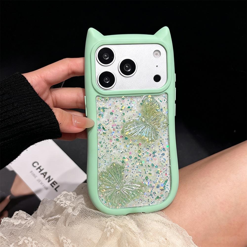 Милый Чехол-Подвеска с Ушками Кошки и Бабочкой Прозрачный для iPhone 17e 16 15 14 13 12 Pro Max 17 Air 11 Большое Окно Мягкие Края
