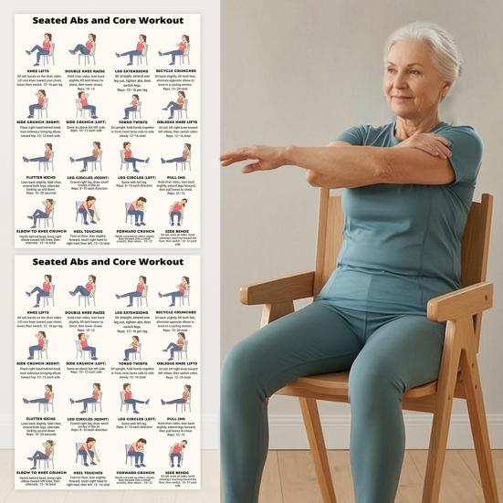 2 Sheets Seated Core Exercise Poster, Chair Workout Chart for Abs, Home Gym Wall Art, Strength Training Guide for Seniors