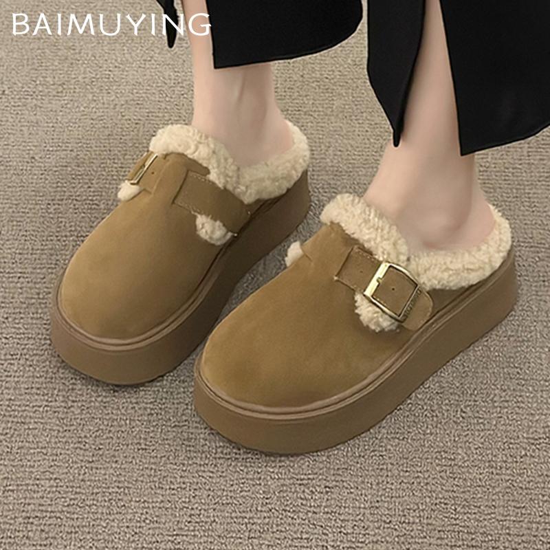 Меховые женские хлопковые тапочки на платформе из замши на плоской подошве, модные туфли-мюли, зимние туфли с открытой пяткой, женские туфли 2025 года, тренд, удобные женские туфли