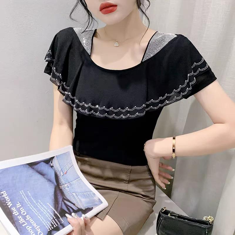 Summer Ruffles Hot Diamonds Square Collar T-Shirts Women Short Sleeved Mesh Tops Shirts Streetwear Girl Fashion Tees Blouse
