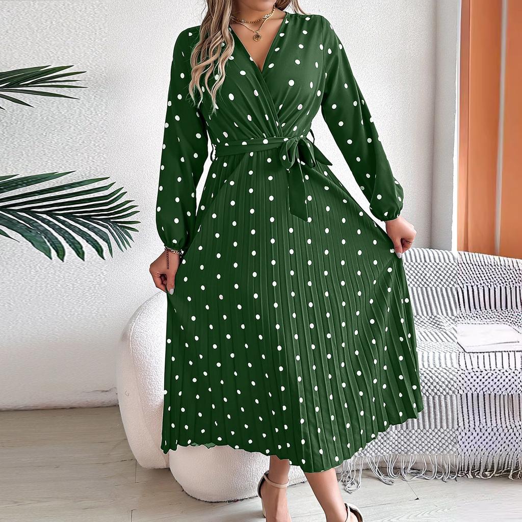 Женское модное элегантное плиссированное длинное платье в горошек с крестом и V-образным вырезом с длинными рукавами и галстуком