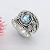 Кольцо с натуральным голубым топазом, полудрагоценное серебряное кольцо в стиле бохо, серебряное кольцо, кольцо из стерлингового серебра 925 пробы, старинное кольцо с небесным камнем (9,75)