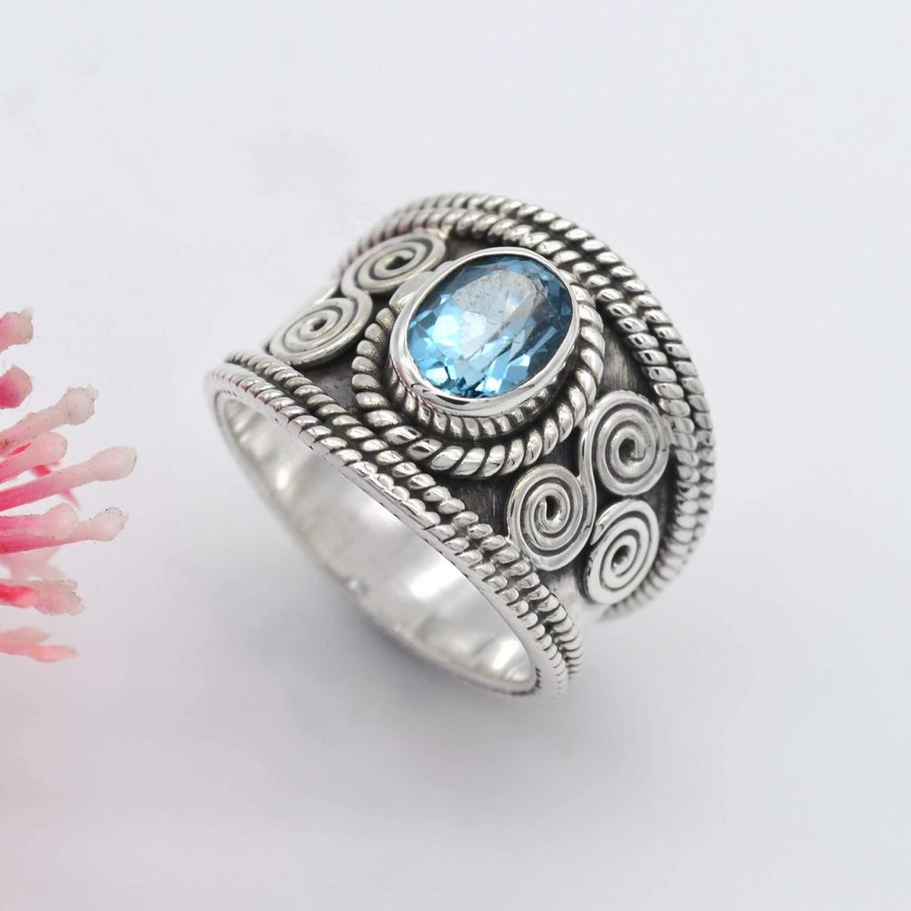 Кольцо с натуральным голубым топазом, полудрагоценное серебряное кольцо в стиле бохо, серебряное кольцо, кольцо из стерлингового серебра 925 пробы, старинное кольцо с небесным камнем (9,75)