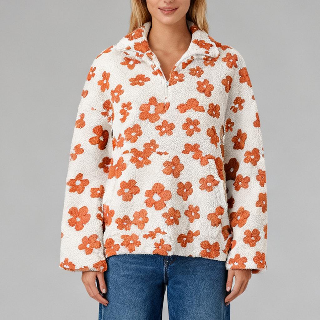 Женский модный свитшот с круглым вырезом, длинными рукавами, милым цветочным принтом, свободного кроя, с карманом на молнии, теплый, с капюшоном