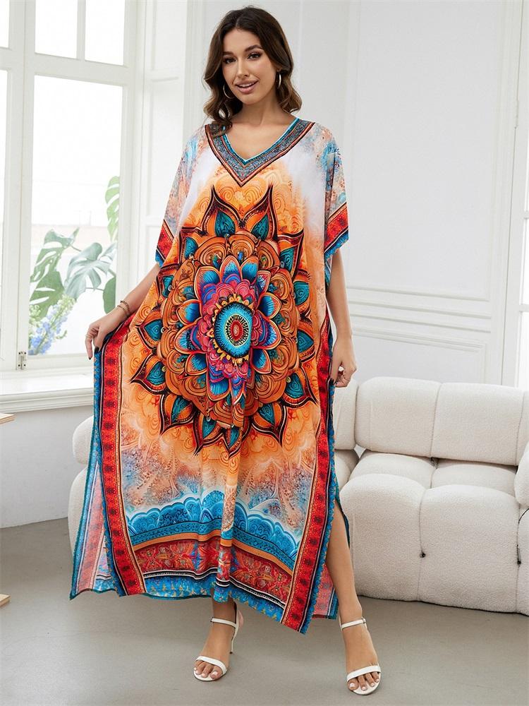 EDOLYNSA Causal Boho Printed V Neck Plus Size Loose Kaftan House Dress 2024 Women Summer Beach Wear Swim Suit Cover Up Loose Robe Q1594