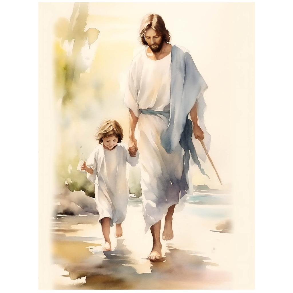 Jesus Walking With Child Jesus Walking With Child, 50X70 Cm, Unframed, Premium Canvas On Stretcher