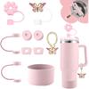 Cup Accessories for Stanley 30oz&40oz Tumbler including Flower Butterfly Straw Topper Cover, Spill Proof Stopper, Silicone Cup Boot, Butterfly Charms