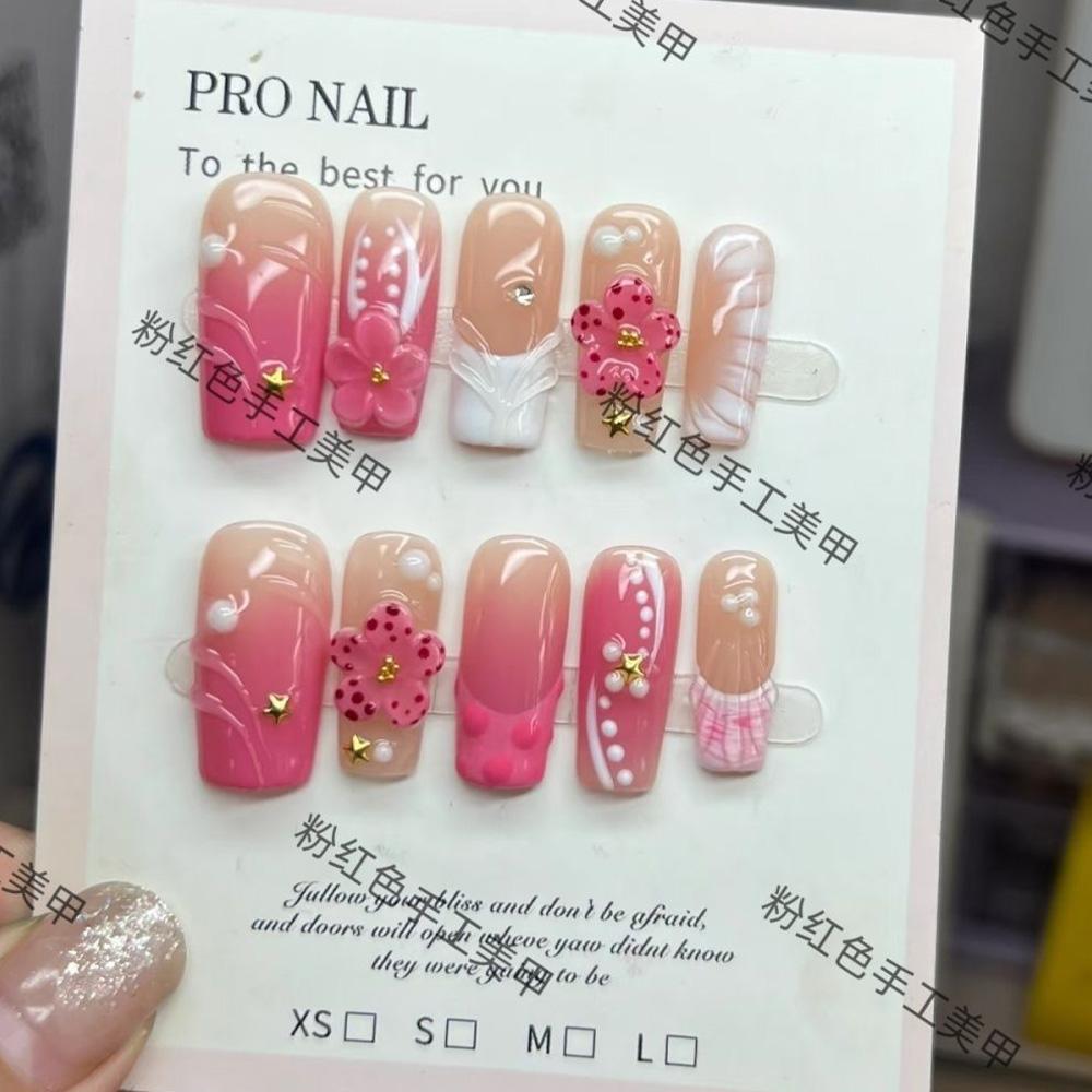 Y2K Retro Pearl Bear 3D Wing Bow Short Press On Nails Fake Nail Tips Party Birthday Gift Accessories