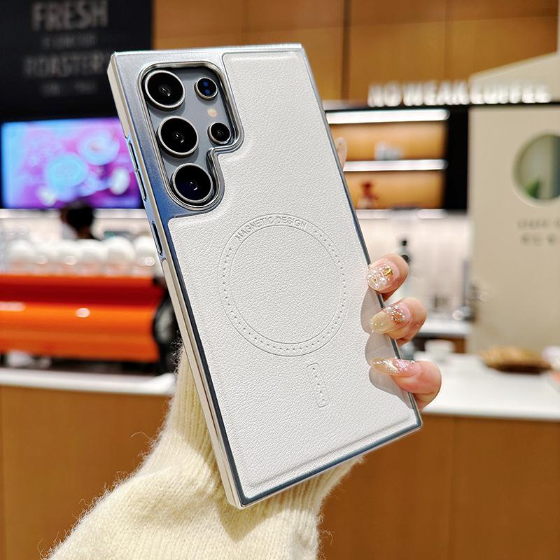 For Magsafe Magnetic Wireless Charging Luxury Solid Color Leather Bumper Phone Case For Samsung S25 Ultra S23 S22 S24 Ultra Plus