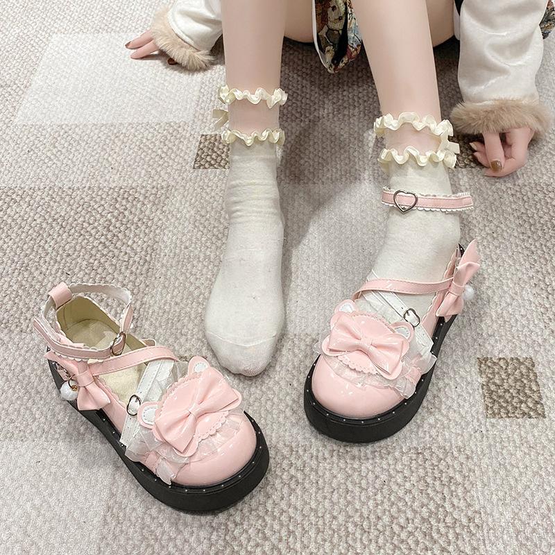 Small Leather Shoes Bow Cute Mary Jane Shoes 2025 New Loli Women Sweet Lace Edge Thick Heel Buckle Leather Shoes