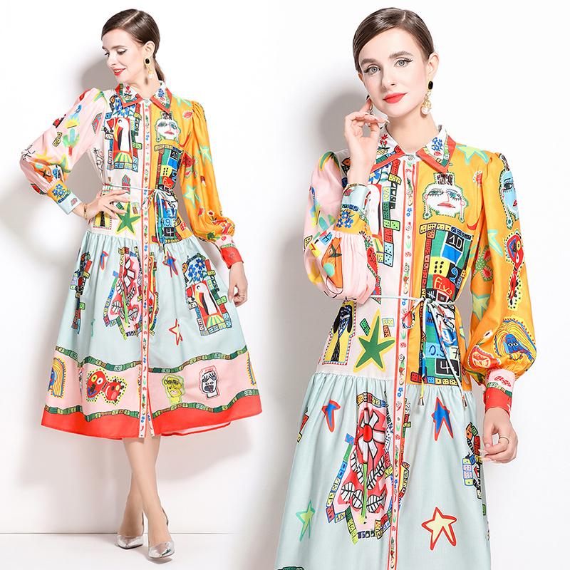 Spring Autumn Women Brand Designer Print Runway Dress Turn-down Collar Shirt Party Dresses With Belt