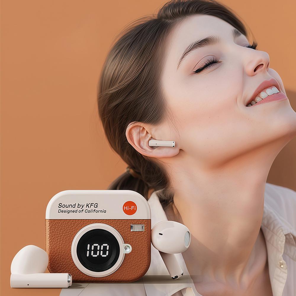 Xiaomi New Arrival Retro Camera Design Bluetooth Earphones Digital LED Display Semi In Ear Wireless Headset Leather Shell Touch Playbac