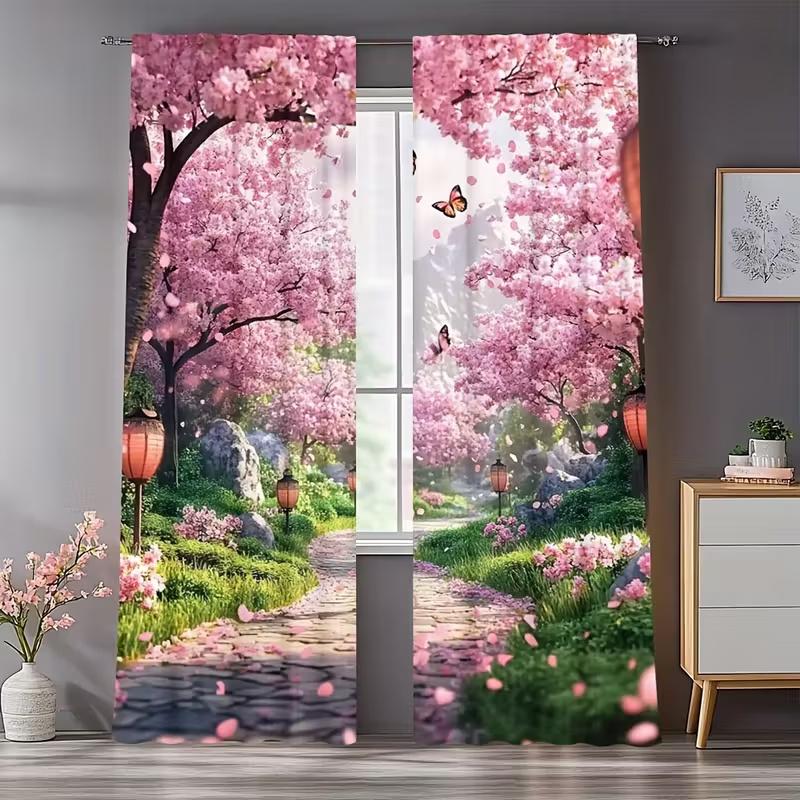2 Pcs Cherry Blossom Garden print curtains,suitable for bedroom,living room kitchen decoration,home decoration,window decoration