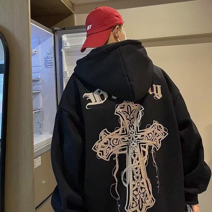 Модная толстовка с капюшоном High Street Cross на осень/зиму — унисекс, свободный крой, стильный принт