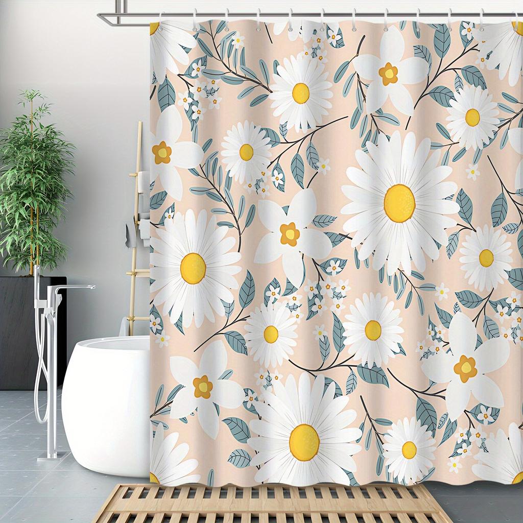 1 piece of printed white daisy pattern shower curtain, polyester fabric, machine washable, suitable for bathroom decoration