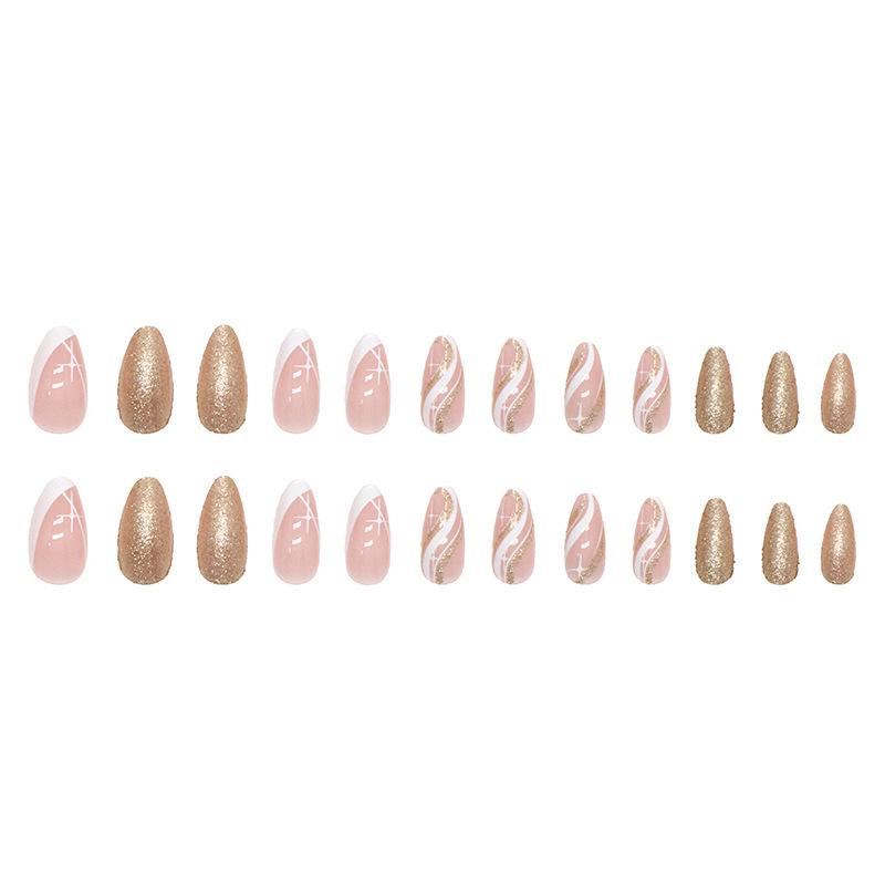 24 шт. миндалевидных ногтей с французским гофрированным блестящим узором, милые и модные, белые накладные ногти в виде доспехов